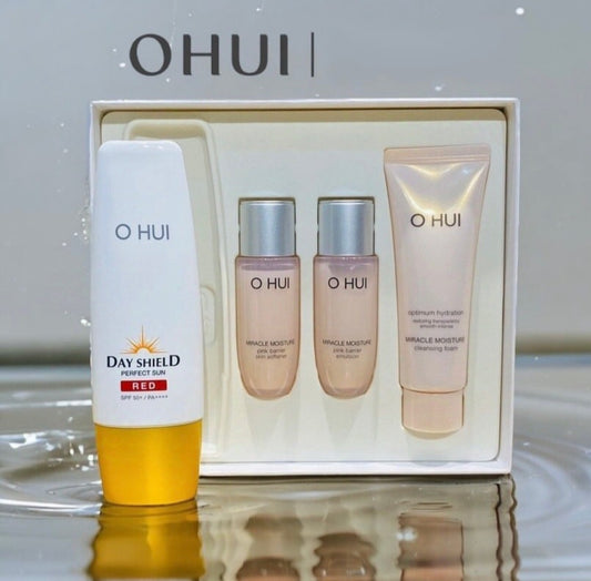 OHUI SPF50+/PA++++ red with a green base , toner , emulsion and cleansing foam set